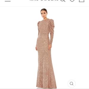 Mac Duggal Sequined High Neck Puff Long Sleeve Column Gown